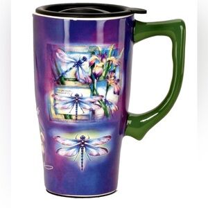 Dragonfly Purple Ceramic Travel Mug with Lid